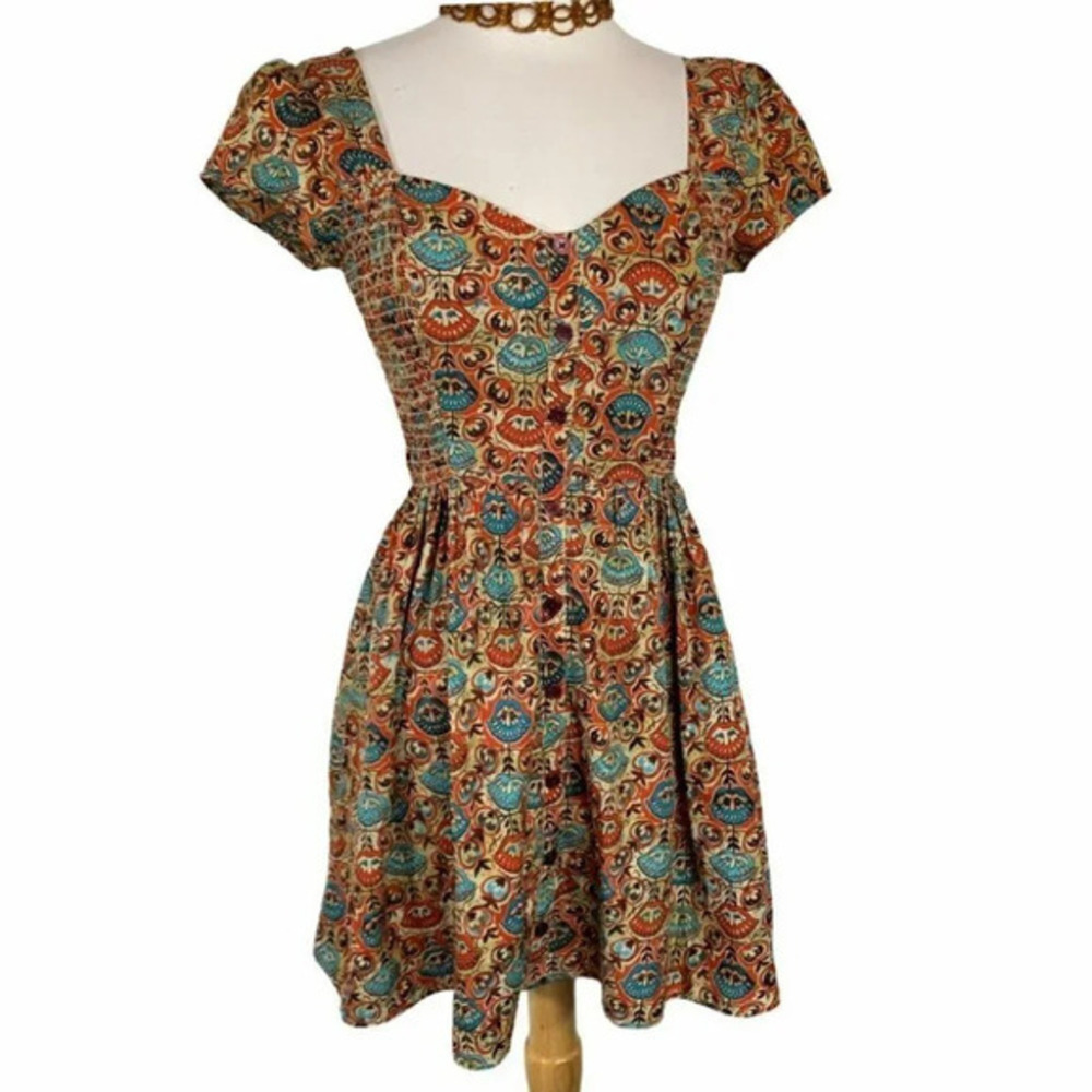 Band of Gypsies Dress XS Orange Paisley Smocked Button Boho Mini Cap Sleeve